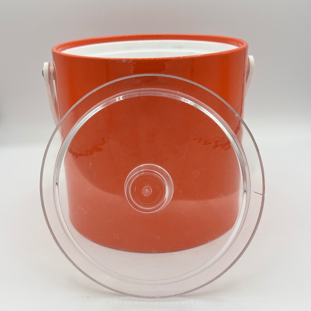 Vintage 1970s Kraftware Spice Orange Vinyl Ice Bucket – Lucite Lid & Handle - Picture 3 of 5